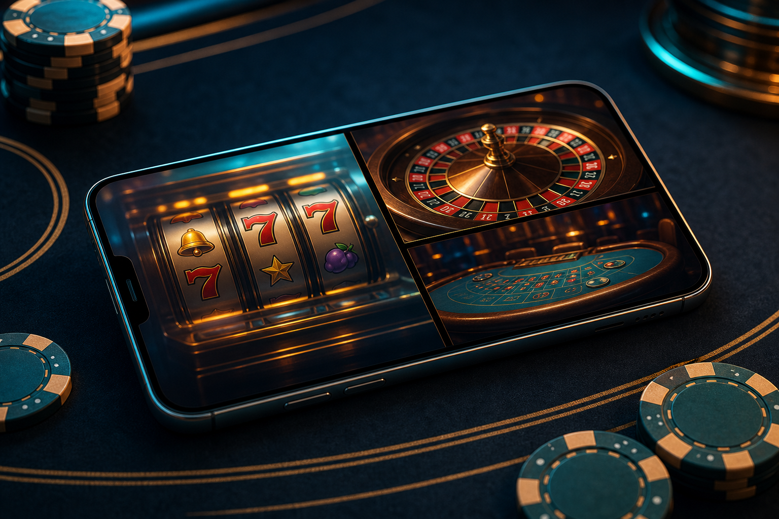 Casino mobile com slots, roleta e fichas exibidos em um smartphone