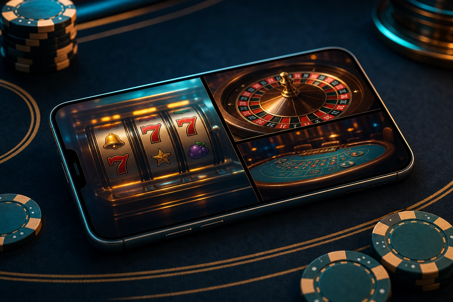 Cassino para celular com slots, roleta e fichas exibidos em um smartphone