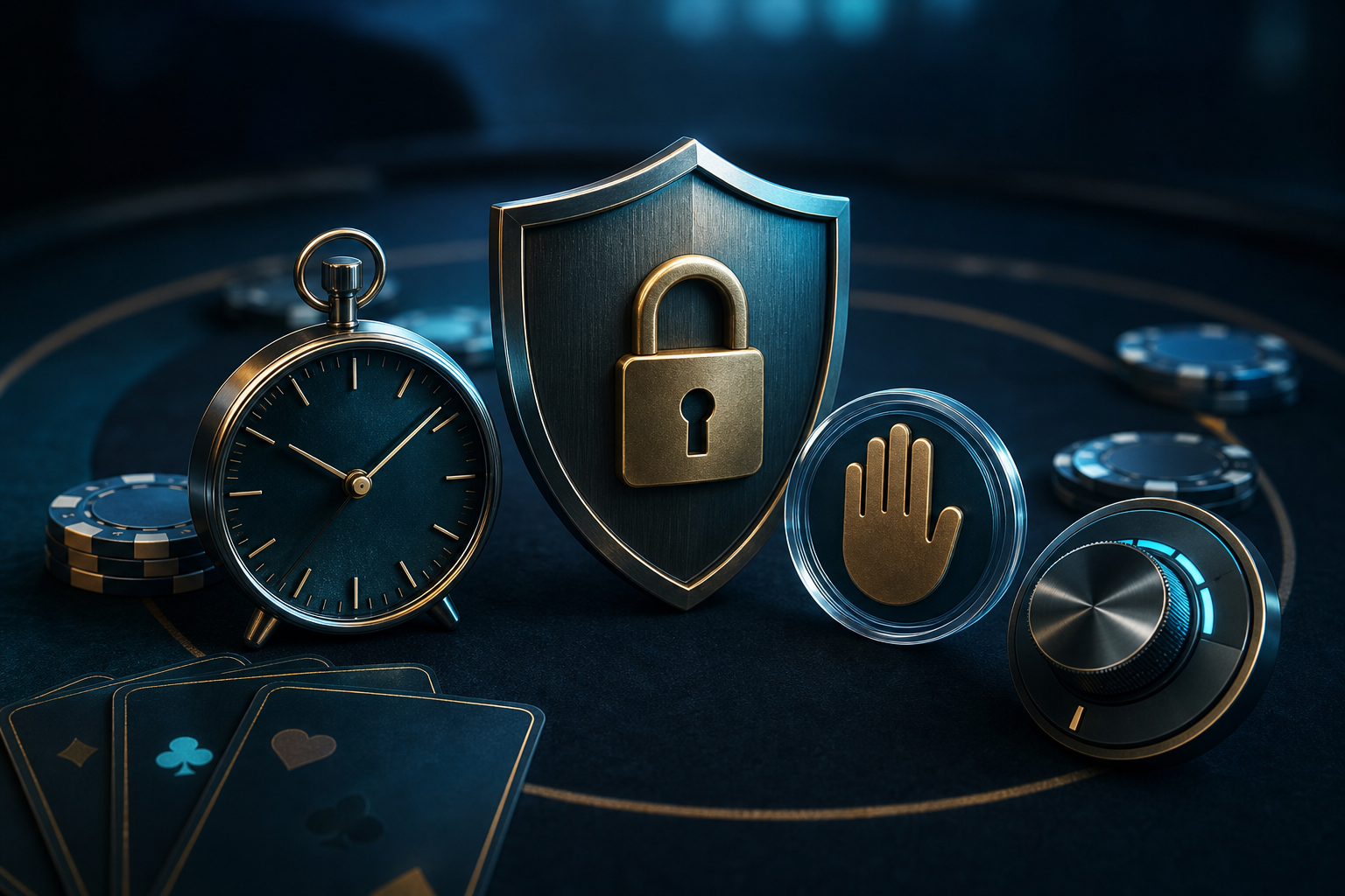 Fichas de casino ao lado de controles de limite, rel&oacute;gio e s&iacute;mbolo de prote&ccedil;&atilde;o