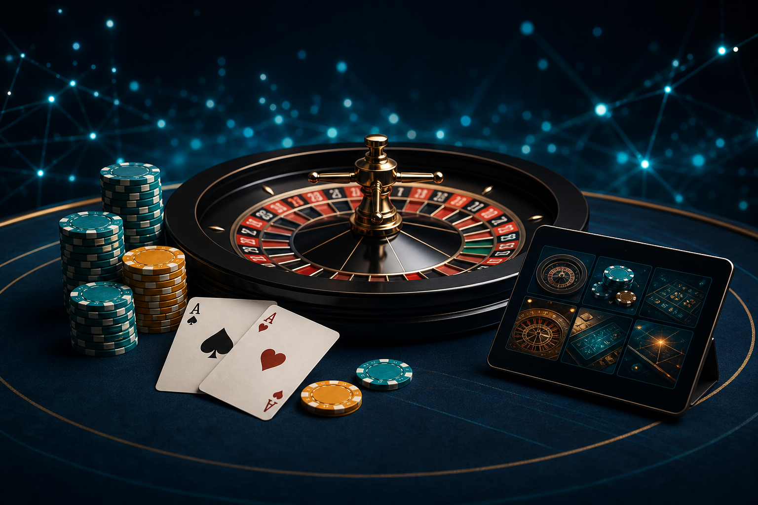 Mesa de casino online com roleta, fichas e cartas em ambiente digital premium