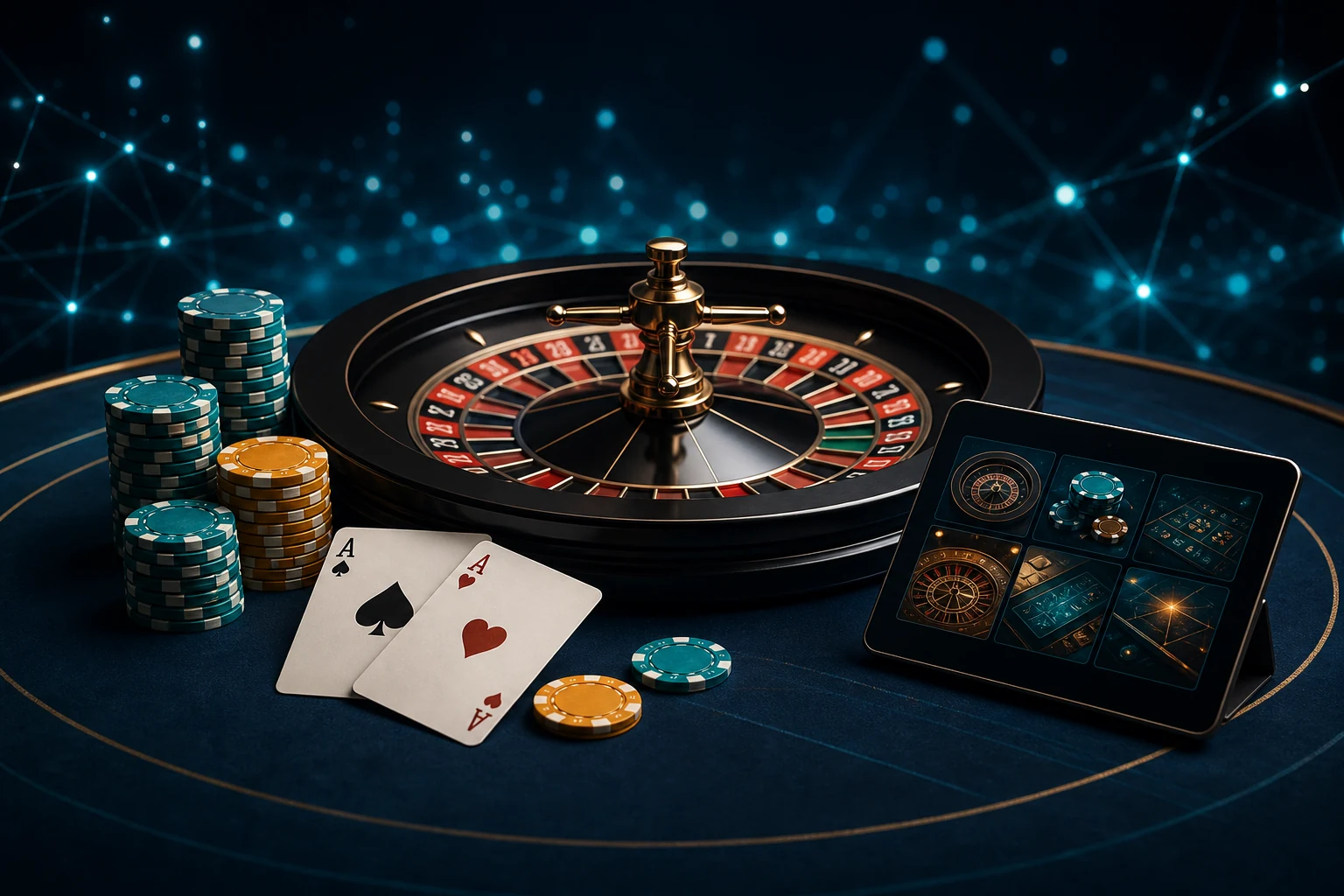 Mesa de cassino online com roleta, fichas e cartas em ambiente digital premium